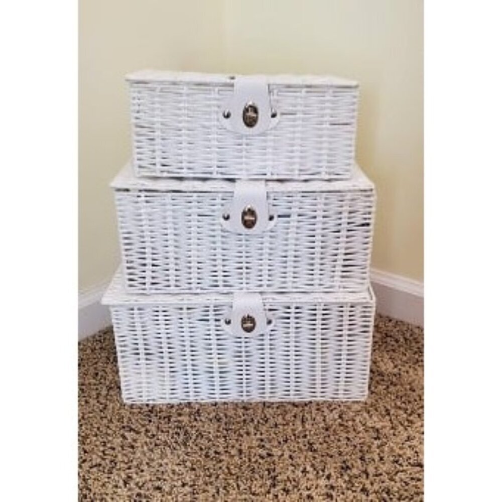 White Wicker Storage Baskets Set